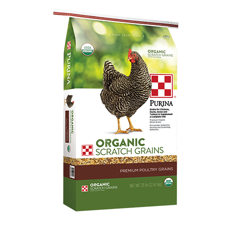 Purina Organic Scratch Grains. Poultry feed bag with grey chicken. 