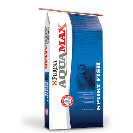 Purina AquaMax Sport Fish MVP. Blue and white feed bag, fish jumping out of water.