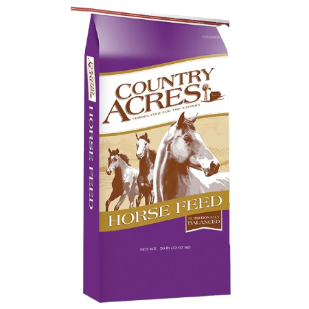 Purina Country Acres Sweet 12 Horse Feed. Purple feed bag with horses.