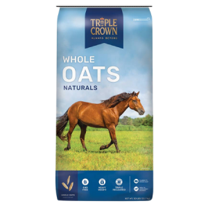 Triple Crown Naturals Whole Oats. Blue 50-lb equine feed bag. Brown horse, green field.