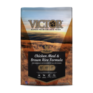 Victor dry dog food bag. Golden field with blue sky. Super Premium food for dogs.