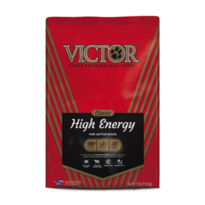 Victor Pet Food-High Energy. Red 50-lb dog food bag.
