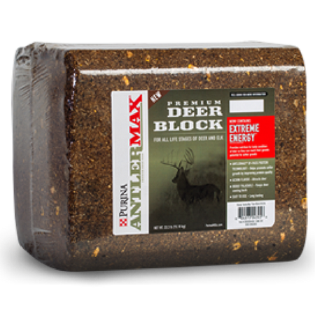Purina AntlerMax Deer Block. Brown, wrapped block with product label.