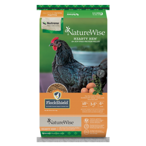 Nutrena NatureWise Hearty Hen Soy-Free 18% Layer Feed. 40-lb poultry feed bag. Dark chicken.
