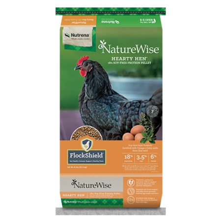 Nutrena NatureWise Hearty Hen Soy-Free 18% Layer Feed. 40-lb poultry feed bag. Dark chicken.