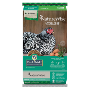 Nutrena NatureWise Layer 16% Pelleted Poultry Feed. 40-lb bag. Black and white chicken.