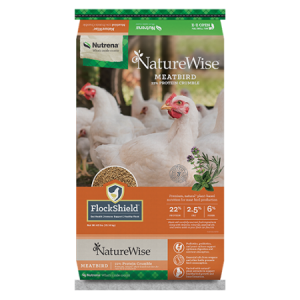 NatureWise Meatbird 22% Poultry Feed Crumbles. Orange feed bag. White chickens.