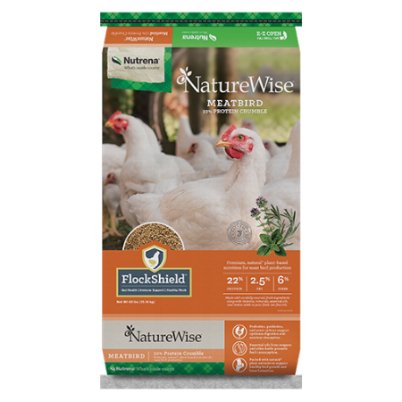 NatureWise Meatbird 22% Poultry Feed Crumbles. Orange feed bag. White chickens.