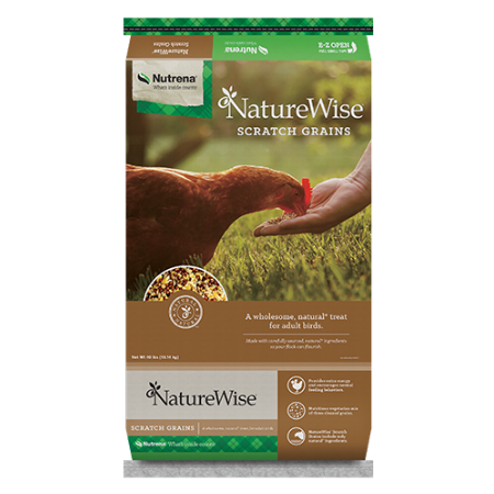 NatureWise Scratch Grains. Green 40-lb poultry feed bag. Red chicken eating from hand..