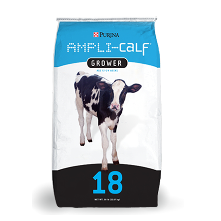 Purina Ampli-Calf Grower. Blue and black feed bag with calf.