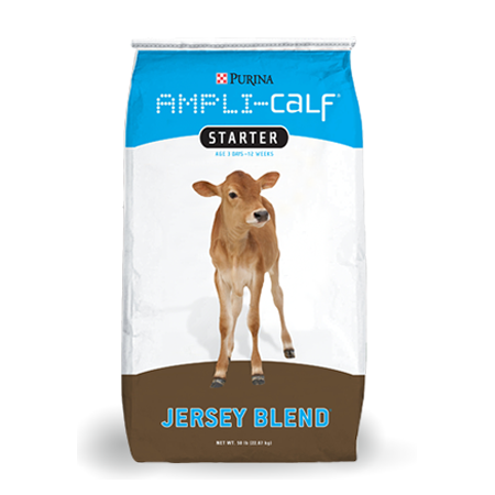 Purina Ampli-Calf Jersey Blend. Blue and brown feed bag with calf.