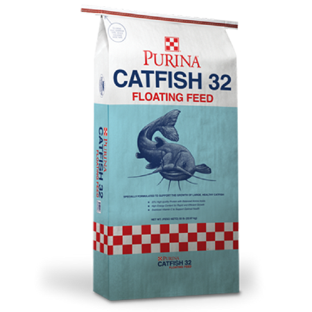 Purina Catfish 32 Floating Fish Feed. Blue and white bag, illustrated catfish.