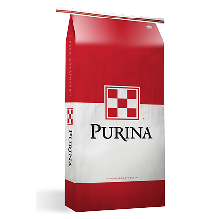 Purina RangeLand Calf Creep. Red and white feed bag.