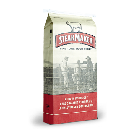 Purina SteakMaker Feeds. White and red feed bag.