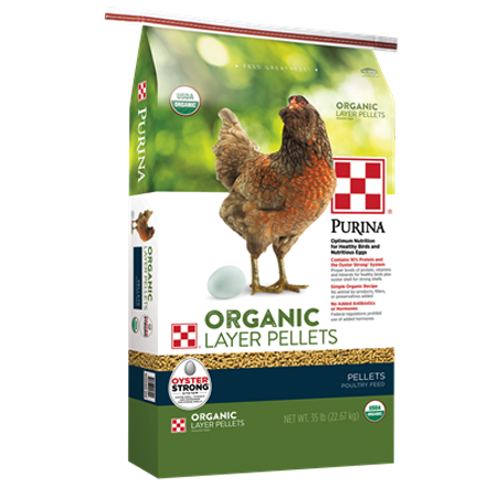 Purina Organic Layer Pellets. Poultry feed bag with red chicken.