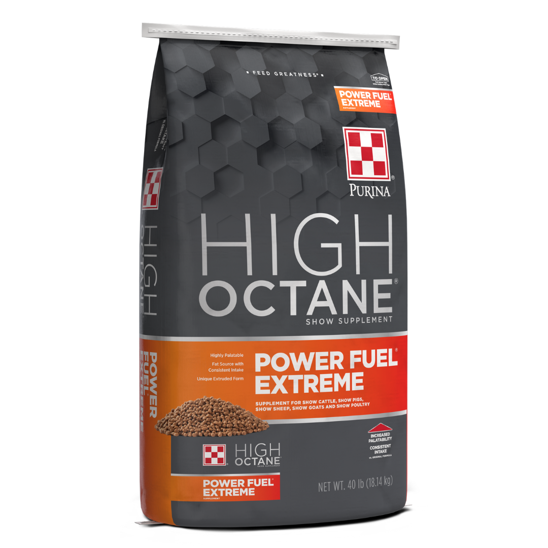 Purina High Octane Power Fuel Extreme Topdress. 40-lb grey and orange feed bag.