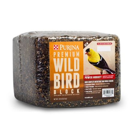 Purina Premium Wild Bird Block. Wrapped block with orange product label. 