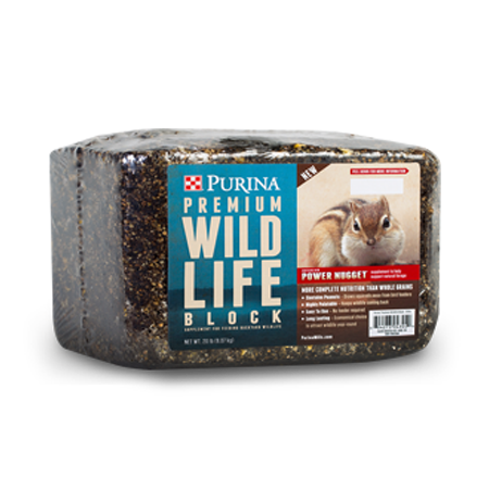 Purina Premium Wildlife Block. Wrapped block with blue product label.