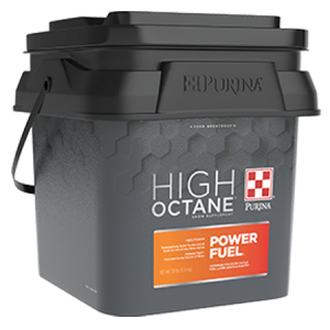 Purina High Octane Power Fuel Topdress show supplement. Black, plastic tub with orange label.