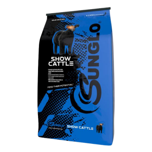 Sunglo Calf Finisher. Blue livestock supplement feed bag.