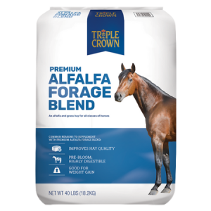 Triple Crown Alfalfa Forage Blend. Blue and white 40-lb bag. Brown horse.