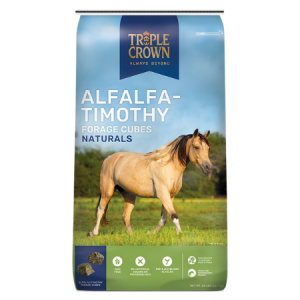 Triple Crown Naturals Alfalfa Timothy Cubes 50-lb bag. Tan horse in field.
