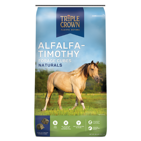 Triple Crown Naturals Alfalfa Timothy Cubes 50-lb bag. Tan horse in field.