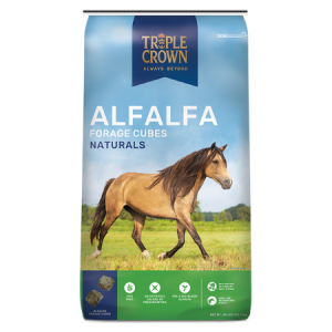 Triple Crown Premium Alfalfa Forage Cubes. Blue and green 50-lb horse feed bag. Tan horse.