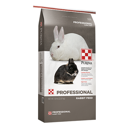 Purina Professional Rabbit Feed. Grey feed bag with two rabbits.