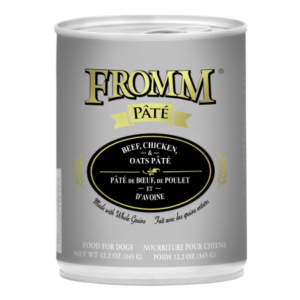 Fromm Beef, Chicken, & Oats Pâté Food for Dogs. Grey 12.2 oz pet food can.
