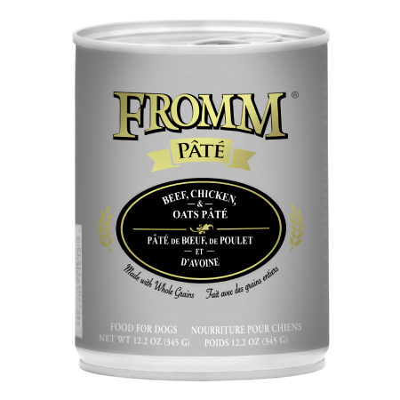 Fromm Beef, Chicken, & Oats Pâté Food for Dogs. Grey 12.2 oz pet food can.