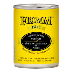 Chicken, Salmon, & Oats Pâté dog food. Yellow 12.2-oz pet food can.
