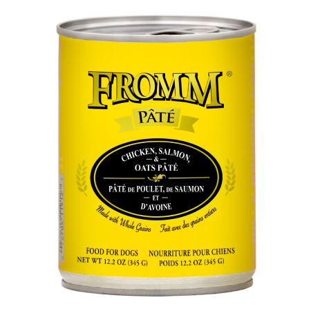 Chicken, Salmon, & Oats Pâté dog food. Yellow 12.2-oz pet food can.