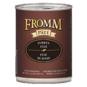 Fromm Turkey Pâté. Wet dog food in brown 12.2-oz can.