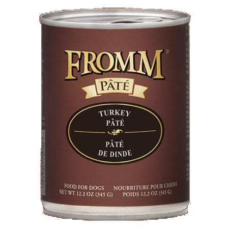 Fromm Turkey Pâté. Wet dog food in brown 12.2-oz can.