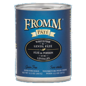 Fromm Whitefish & Lentil Pâté. Blue and black dog food 12.2-oz can.