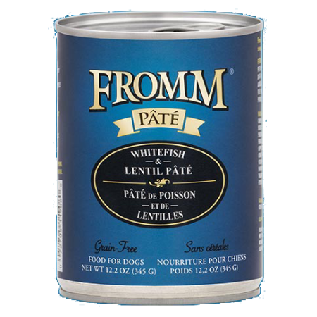 Fromm Whitefish & Lentil Pâté. Blue and black dog food 12.2-oz can.
