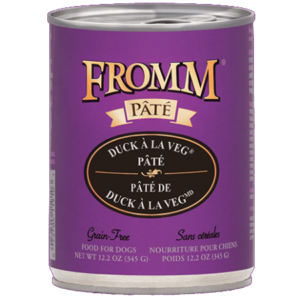Fromm Grain-Free Duck À La Veg Pâté. Purple 12.2 oz pet food can.