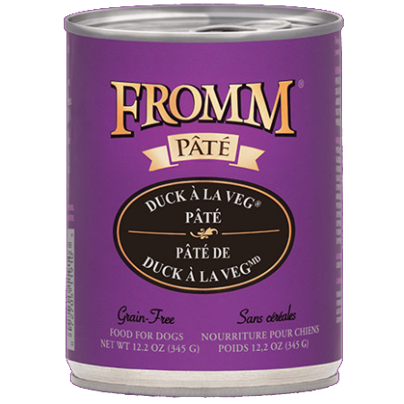 Fromm Grain-Free Duck À La Veg Pâté. Purple 12.2 oz pet food can.