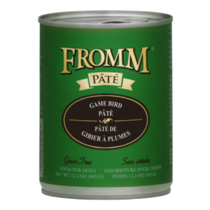 Fromm Game Bird Pâté Wet Dog Food. Green 12.2 oz pet food can.