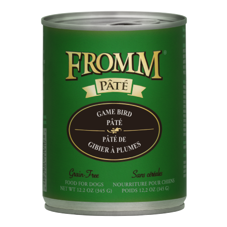 Fromm Game Bird Pâté Wet Dog Food. Green 12.2 oz pet food can.
