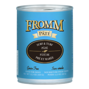 Fromm Grain-Free Surf & Turf Pâté. Blue 12.2 oz pet food can.