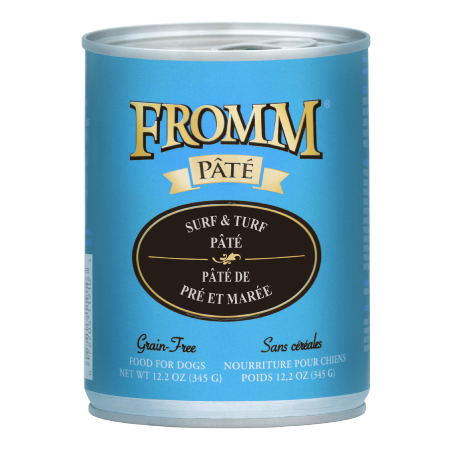 Fromm Grain-Free Surf & Turf Pâté. Blue 12.2 oz pet food can.