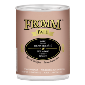 Fromm Pork & Brown Rice Pâté. Champaign pink 12.2 oz pet food can.