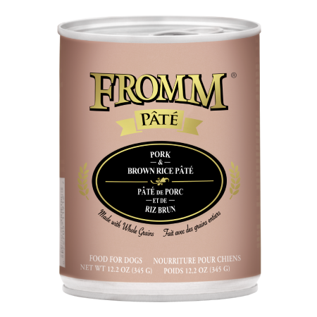 Fromm Pork & Brown Rice Pâté. Champaign pink 12.2 oz pet food can.
