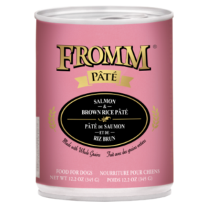 Fromm Salmon & Brown Rice Pâté dog food. Pink 12.2 oz pet food can.