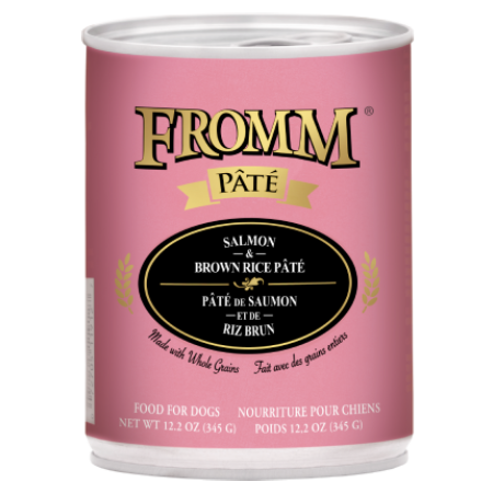 Fromm Salmon & Brown Rice Pâté dog food. Pink 12.2 oz pet food can.