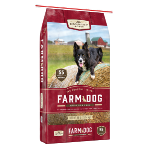 Country Acres Farm Dog. Red dry dog food bag. Black dog on round hay bale.