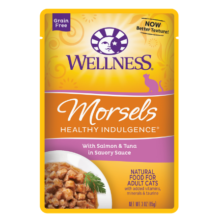 Wellness Healthy Indulgence Morsels with Salmon & Tuna in Savory Sauce Grain-Free Wet Cat Food Pouches