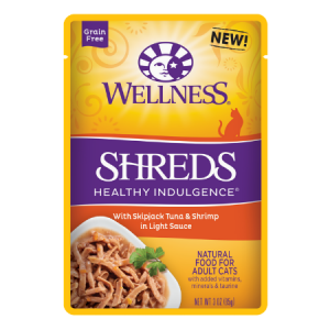 Wellness Healthy Indulgence Shreds with Skipjack Tuna & Shrimp in Light Sauce Grain-Free Wet Cat Food Pouches